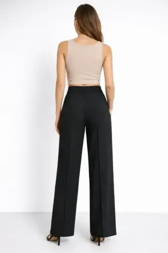 Yüksek Bel Palazzo Pantolon Çima Dikişli Bol Paça Akıcı Kumaş Günlük Ve Ofis Şıklığı - Siyah - 3