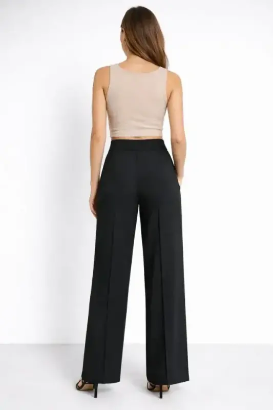 Yüksek Bel Palazzo Pantolon Çima Dikişli Bol Paça Akıcı Kumaş Günlük Ve Ofis Şıklığı - Siyah - 3