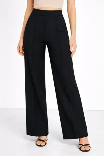 Yüksek Bel Palazzo Pantolon Çima Dikişli Bol Paça Akıcı Kumaş Günlük Ve Ofis Şıklığı - Siyah - 4