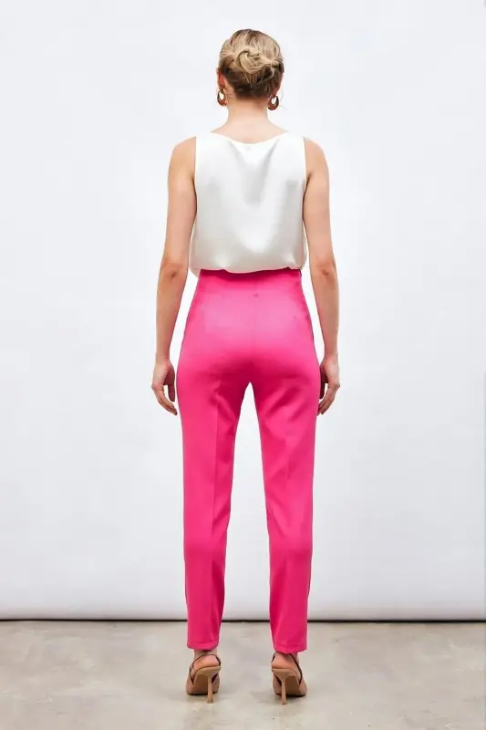 Yüksek Bel Pensli Pantolon - Fuşya-FUŞYA - 4