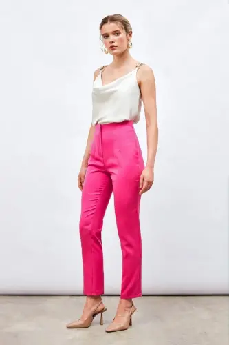 Yüksek Bel Pensli Pantolon - Fuşya-FUŞYA - SATEEN (1)