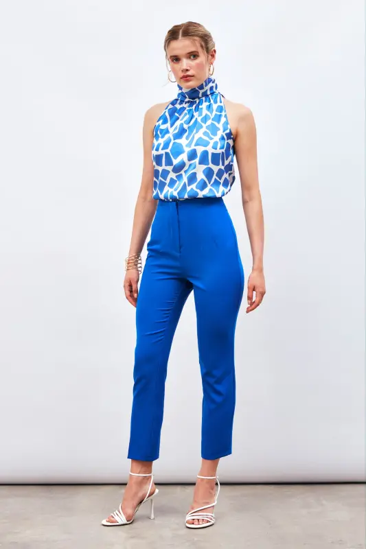 Yüksek Bel Pensli Pantolon - İNDİGO-İNDİGO - 3