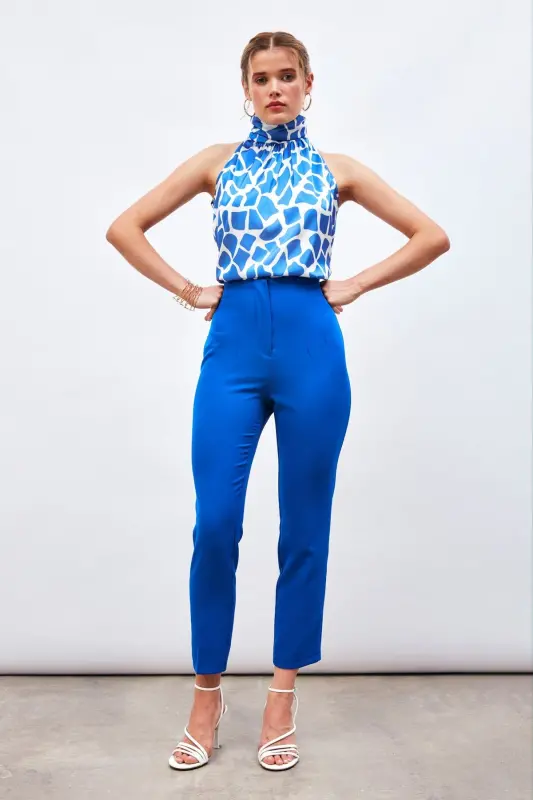 Yüksek Bel Pensli Pantolon - İNDİGO-İNDİGO - SATEEN