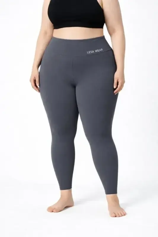 Yüksek Bel Toparlayıcı Likralı Dalgıç Spor Tayt Esnek Battal Büyük Beden - Füme - BÜYÜKBEDENIZ