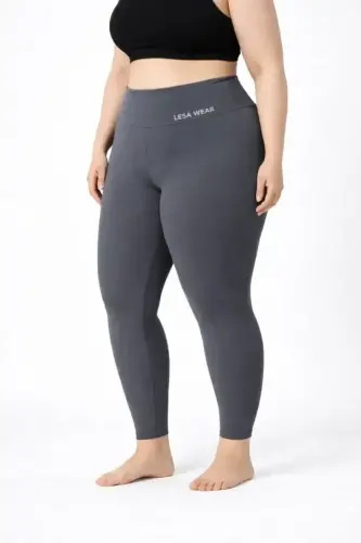 Yüksek Bel Toparlayıcı Likralı Dalgıç Spor Tayt Esnek Battal Büyük Beden - Füme - BÜYÜKBEDENIZ (1)