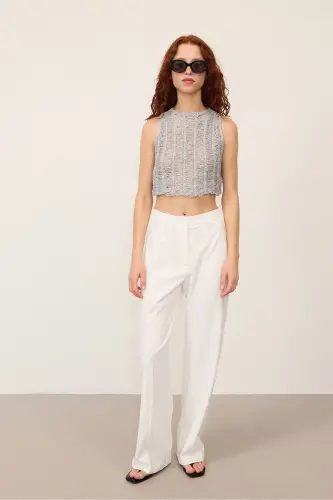 Yüksek Bel Wide Leg Pantolon PN8130 - DK14 - Ekru - 1