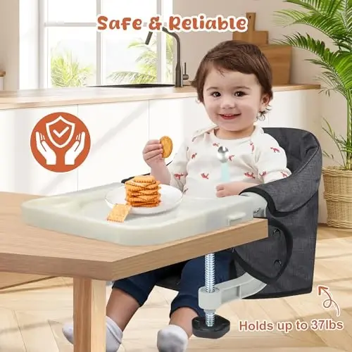 Hook On High Chair, Jozzve Clip on High Chair with Removable Dining Tray for Babies and Toddlers, Fold-Flat Storage Portable Baby Feeding Seat, Attach to Fast Table Chair for Home Travel (Black) - 4