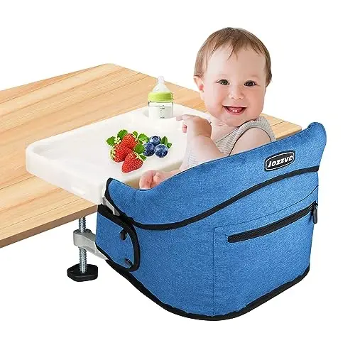 Hook On High Chair, Jozzve Clip on High Chair with Removable Dining Tray for Babies and Toddlers, Fold-Flat Storage Portable Baby Feeding Seat, Attach to Fast Table Chair for Home Travel (Bright Blue) - 1