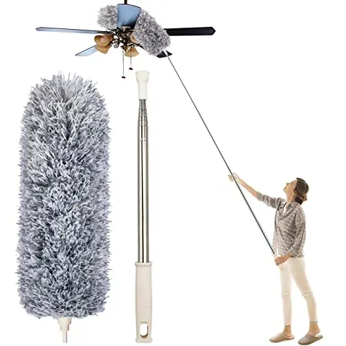 Dusters for Cleaning High Ceiling Fan, Newliton Microfiber Feather Duster with 30'' to 100'' Telescoping Extension Pole, Long Extendable Duster for Home Car Furniture Cobweb Gray - 1