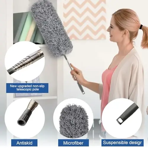 FUUNSOO Microfiber Feather Duster, Duster with Extension Pole 30-100 Inches,Ceiling Fan Cleaner Duster Retractable Gap Dust Brush Cleaner for Cleaning Cobweb,High Ceiling,Blinds, (Dark Gray) - 2