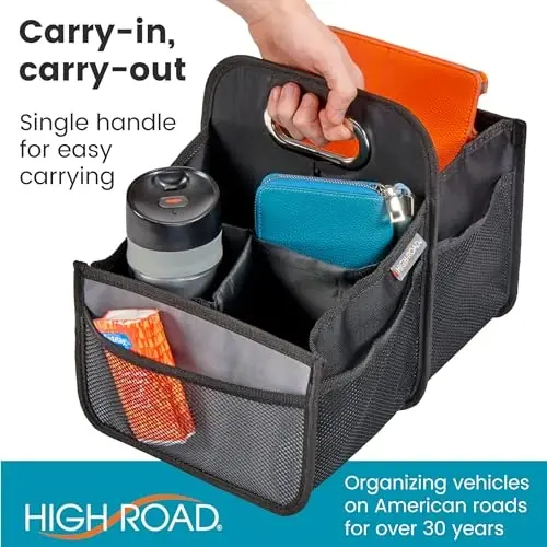 High Road Car Caddy with Cup Holders - Front Seat Organizer for Drivers or Back Seat Organizer for Kids - Portable Car Organizer with Easy One-Handed Carry Handle - 5