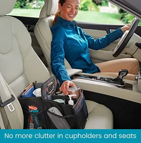 High Road Car Organizer with Cup Holder Dividers - Front Seat Organizer for Drivers or Middle Seat Car Organizer for Kids - Portable Car Caddy with Easy Carry Handle - 1