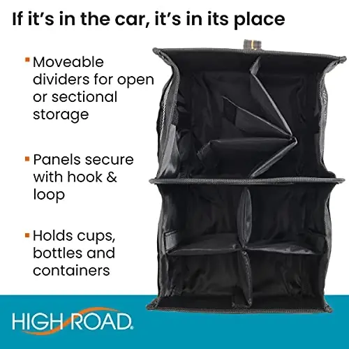 High Road Car Organizer with Cup Holder Dividers - Front Seat Organizer for Drivers or Middle Seat Car Organizer for Kids - Portable Car Caddy with Easy Carry Handle - 3