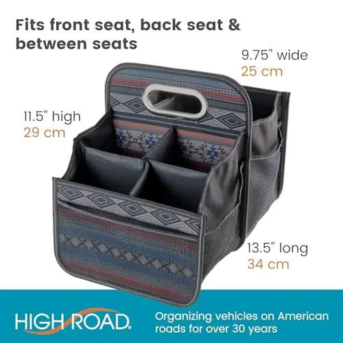High Road Car Organizer with Cup Holder Dividers - Front Seat Organizer for Drivers or Middle Seat Car Organizer for Kids - Portable Car Caddy with Easy Carry Handle - 6