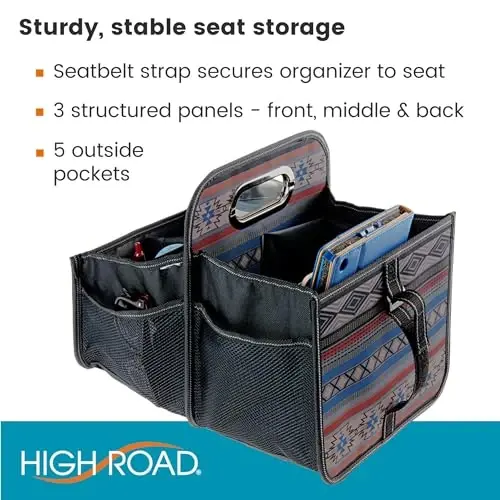 High Road Car Organizer with Cup Holder Dividers - Front Seat Organizer for Drivers or Middle Seat Car Organizer for Kids - Portable Car Caddy with Easy Carry Handle - 5