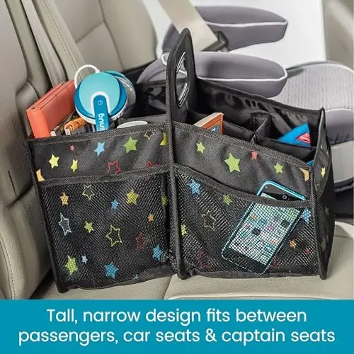 High Road Car Seat Caddy Organizer with Cup Holders - Middle Seat Car Organizer for Kids or Passenger Seat Organizer for Drivers - Portable Car Storage Bin with Easy Carry Handle (Starry Night) - 3