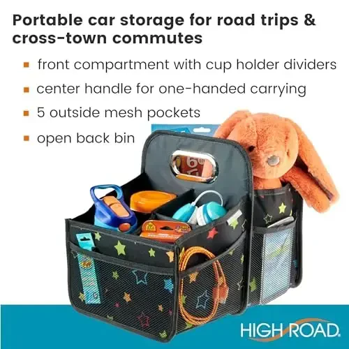 High Road Car Seat Caddy Organizer with Cup Holders - Middle Seat Car Organizer for Kids or Passenger Seat Organizer for Drivers - Portable Car Storage Bin with Easy Carry Handle (Starry Night) - HIGH ROAD (1)