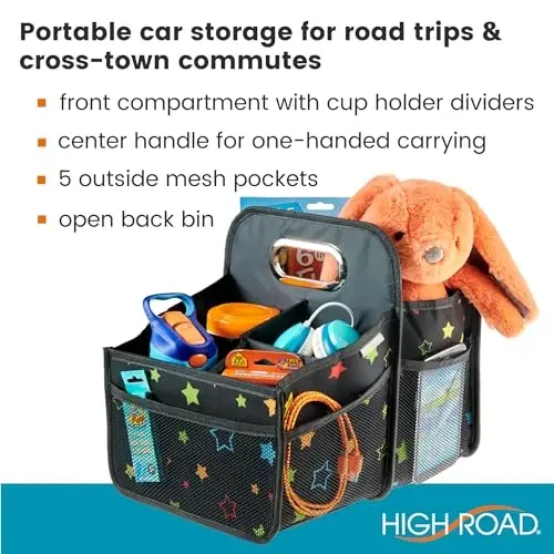 High Road Car Seat Caddy Organizer with Cup Holders - Middle Seat Car Organizer for Kids or Passenger Seat Organizer for Drivers - Portable Car Storage Bin with Easy Carry Handle (Starry Night) - 2
