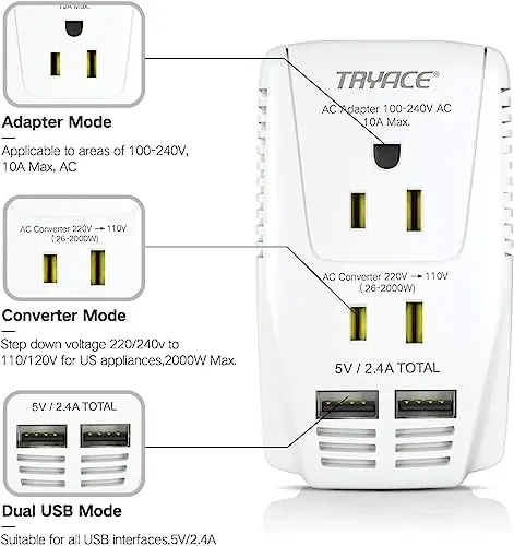 Upgraded 2000W 220V to 110V Voltage Converter Step Down Voltage for Hair Dryer,Straightener,Curling Iron,Cell Phone Power Converter with 2-Port USB and UK/AU/US/EU 10A Plug Adapter, White - 2