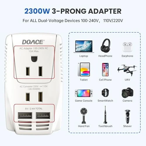 Upgraded 2000W 220V to 110V Converter for European Travel, Voltage Converter US to Europe for Hair Dryer Straightener Curling Iron, 2300W Adapter with EU/UK/AU/US Plugs for Laptop Camera Cell Phone - DOACE (1)