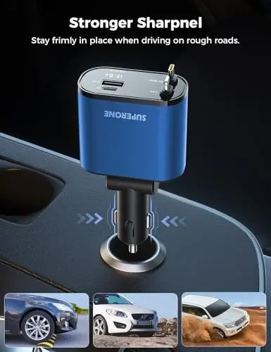 SUPERONE 【Upgraded】 Retractable Car Charger 4 in 1, Fast Car Phone Charger with Cord 2.6ft, USB C and Apple Car Charger Adapter, Compatible with iPhone 17/16/15/15 Pro Max/14/13/12/11, Galaxy, Pixel - SUPERONE (1)