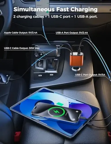 【Upgraded】 SUPERONE Retractable Car Charger 4 in 1, Fast Car Phone Charger with Cord 2.6ft, USB C and Apple Car Charger Adapter, Compatible with iPhone 17/16/15/15 Pro Max/14/13/12/11, Galaxy, Pixel - 3