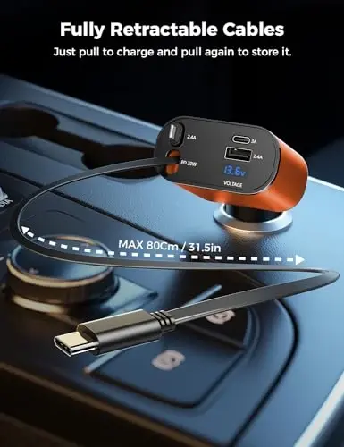 SUPERONE 【Upgraded】 Retractable Car Charger 4 in 1, Fast Car Phone Charger with Cord 2.6ft, USB C and Apple Car Charger Adapter, Compatible with iPhone 17/16/15/15 Pro Max/14/13/12/11, Galaxy, Pixel - SUPERONE (1)