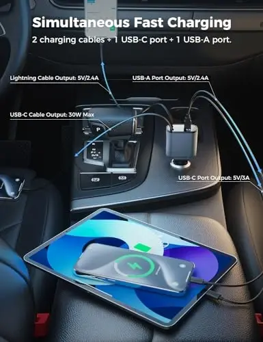 SUPERONE 【Upgraded】 Retractable Car Charger 4 in 1, Fast Car Phone Charger with Cord 2.6ft, USB C and Apple Car Charger Adapter, Compatible with iPhone 17 16 15/15 Pro Max/14/13/12/11, Galaxy, Pixel - 4