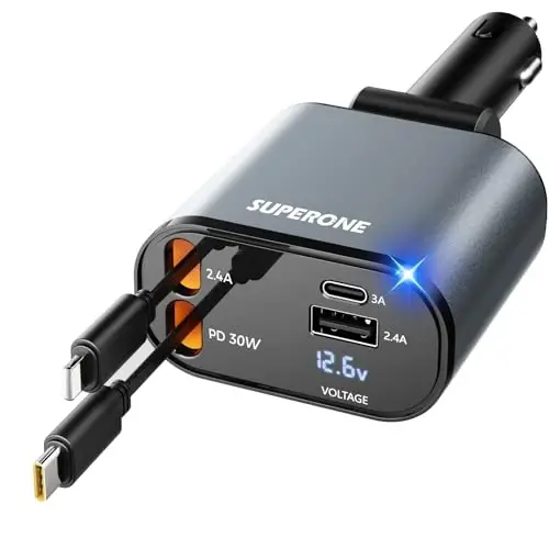 【Upgraded】 SUPERONE Retractable Car Charger 4 in 1, Fast Car Phone Charger with Cord 2.6ft, USB C and Apple Car Charger Adapter, Compatible with iPhone 17 16 15/15 Pro Max/14/13/12/11, Galaxy, Pixel - SUPERONE