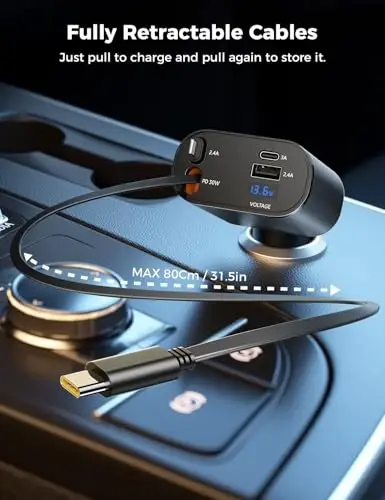 【Upgraded】 SUPERONE Retractable Car Charger 4 in 1, Fast Car Phone Charger with Cord 2.6ft, USB C and Apple Car Charger Adapter, Compatible with iPhone 17 16 15/15 Pro Max/14/13/12/11, Galaxy, Pixel - 3