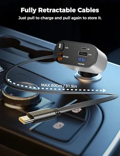 SUPERONE 【Upgraded】 Retractable Car Charger 4 in 1, Fast Car Phone Charger with Cord 2.6ft, USB C and Apple Car Charger Adapter, Compatible with iPhone 17/16/15/15 Pro Max/14/13/12/11, Galaxy, Pixel - 2