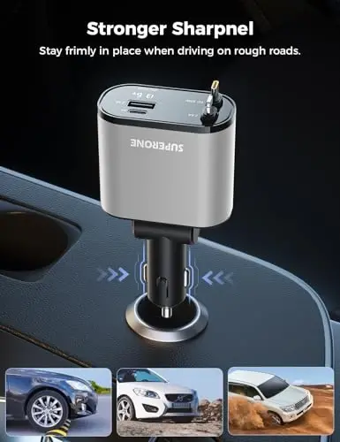 SUPERONE 【Upgraded】 Retractable Car Charger 4 in 1, Fast Car Phone Charger with Cord 2.6ft, USB C and Apple Car Charger Adapter, Compatible with iPhone 17/16/15/15 Pro Max/14/13/12/11, Galaxy, Pixel - 4