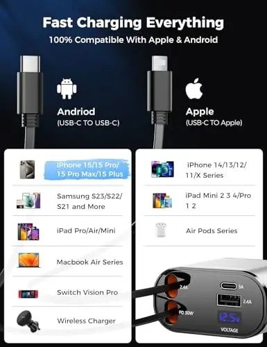 SUPERONE 【Upgraded】 Retractable Car Charger 4 in 1, Fast Car Phone Charger with Cord 2.6ft, USB C and Apple Car Charger Adapter, Compatible with iPhone 17/16/15/15 Pro Max/14/13/12/11, Galaxy, Pixel - 5