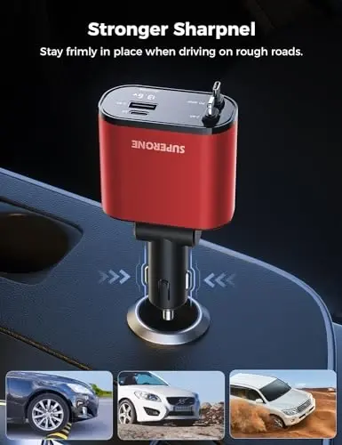 SUPERONE 【Upgraded】 Retractable Car Charger 4 in 1, Fast Car Phone Charger with Cord 2.6ft, USB C and Apple Car Charger Adapter, Compatible with iPhone 17/16/15/15 Pro Max/14/13/12/11, Galaxy, Pixel - SUPERONE (1)