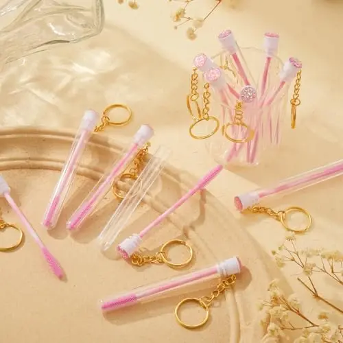 Upgrade 48 Pieces Disposable Mascara Wands Set, Include 24 Pcs Crystal Lash Spoolies Brush and 24 Pcs Reusable Keychain Empty Eyelash Brush Tubes (Pink) - MODAZONE