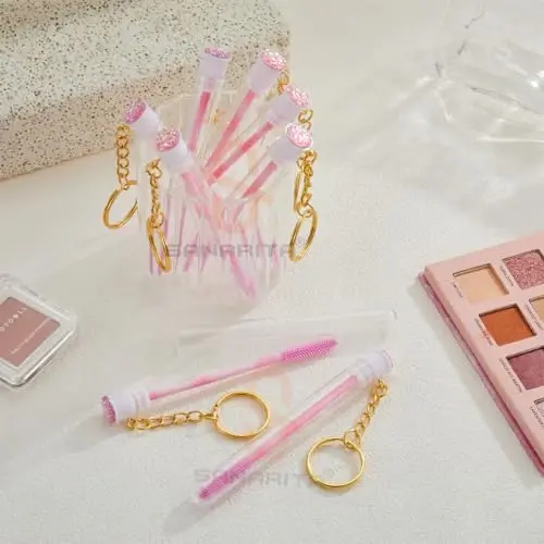 Upgrade 48 Pieces Disposable Mascara Wands Set, Include 24 Pcs Crystal Lash Spoolies Brush and 24 Pcs Reusable Keychain Empty Eyelash Brush Tubes (Pink) - 2