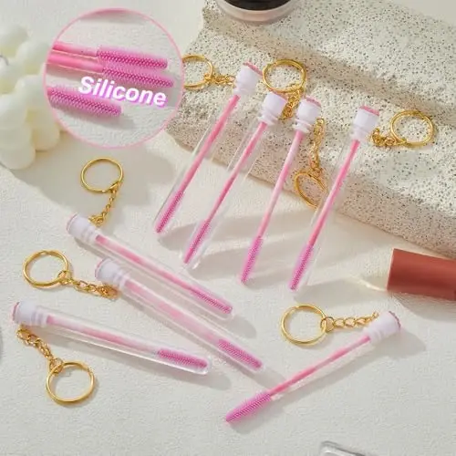 Upgrade 48 Pieces Disposable Mascara Wands Set, Include 24 Pcs Crystal Lash Spoolies Brush and 24 Pcs Reusable Keychain Empty Eyelash Brush Tubes (Pink) - 5