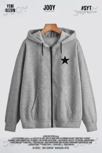 Yulduz bosma kulrang mavsumiy fermuarli kapüşonli polar kardigan kurtka - GRİ10 - 1