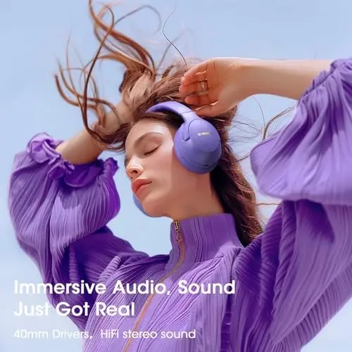 YUMONDEAR Bluetooth Headphones Over Ear, 80H Playtime Wireless Headphone with 3 EQ Modes, Built-in Mic, Deep Bass, HiFi Stereo Foldable Wireless Headset for iPhone PC Travel Workout Office (Purple) - 6