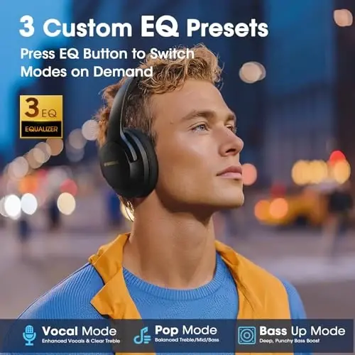 YUMONDEAR F1 Bluetooth Headphones Over Ear, 80H Playtime Bluetooth 5.4 Wireless Headphones with Deep Bass, 3 EQ Sound Modes, ENC Mic, Foldable & Comfortable for Travel, PC, Phone, Gym, Gift, Black - 2