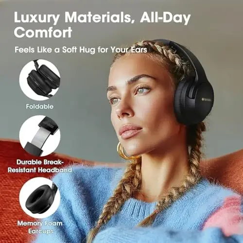 YUMONDEAR F1 Bluetooth Headphones Over Ear, 80H Playtime Bluetooth 5.4 Wireless Headphones with Deep Bass, 3 EQ Sound Modes, ENC Mic, Foldable & Comfortable for Travel, PC, Phone, Gym, Gift, Black - 5