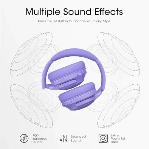 YUMONDEAR Bluetooth Headphones Over Ear, 80H Playtime Wireless Headphone with 3 EQ Modes, Built-in Mic, Deep Bass, HiFi Stereo Foldable Wireless Headset for iPhone PC Travel Workout Office (Purple) - YUMONDEAR (1)