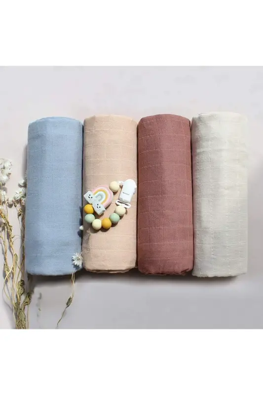 Yumshoq organik 100% paxta bir qavatli muslin o'rash adyoli chaqaloq adyoli bej rangi 110x110 sm-bordo - 5