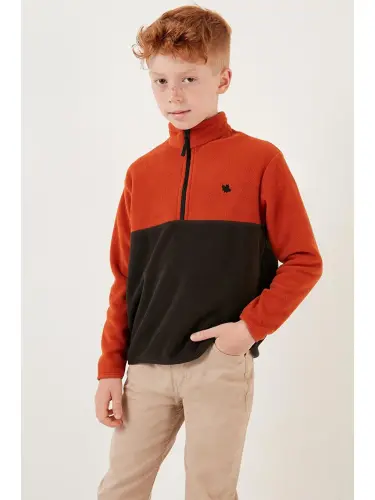 Yumshoq to‘qimali yarim fermuarli rang blokli tik yoqali polar 5905004-Qora 