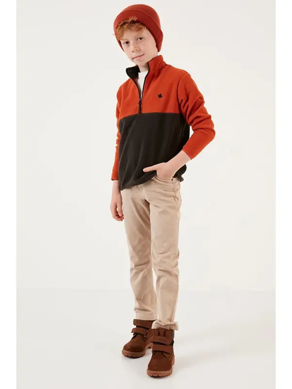 Yumshoq to‘qimali yarim fermuarli rang blokli tik yoqali polar 5905004-Qora - 3