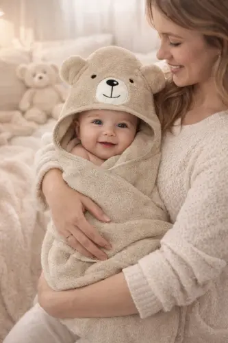 Yumuşacık %100 Pamuk Kız-Erkek Bebek ve Yenidoğan Banyo Havlu Kundak Ayıcık Kahverengi-Kahverengi - 1