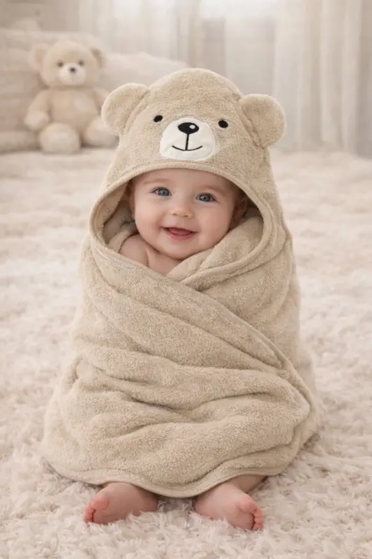 Yumuşacık %100 Pamuk Kız-Erkek Bebek ve Yenidoğan Banyo Havlu Kundak Ayıcık Kahverengi-Kahverengi - 2