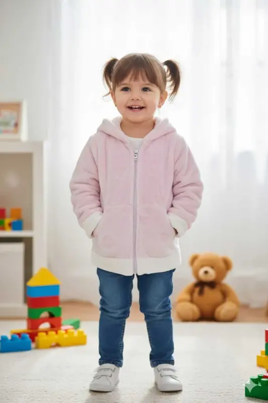 Yumuşacık Kapşonlu Peluş Welsoft Kız Çocuk Ceketi - Hırka 2-4 Yaş /pudra Pembe - PEMBE - ALPAR TEKSTIL