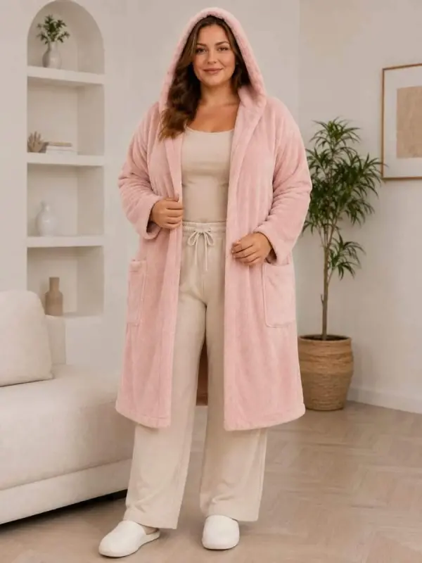 Yumuşacık Kapşonlu Welsoft Bornoz – Peluş, Sıcak Tutan, Kuşaklı Ev Sabahlığı Pudra - 1