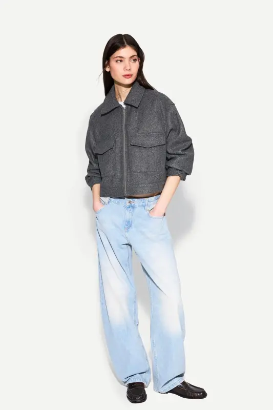 Crop kesim yumuşak ceket - Koyu gri - BERSHKA